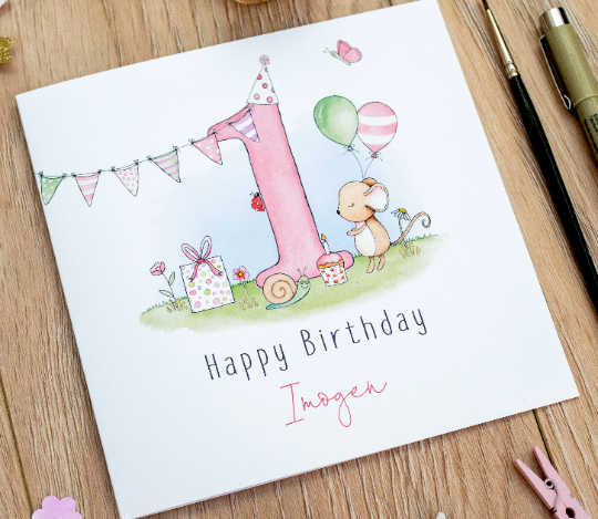 Personalised Mouse Girls Birthday Card, 1st, 2nd, 3rd, 4th, 5th, 6th, 7th, 8th